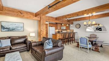 Fireplace, DVD player, books, music library