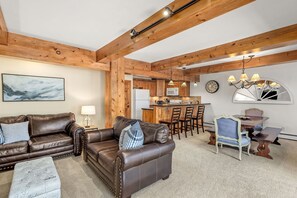 Fireplace, DVD player, books, music library