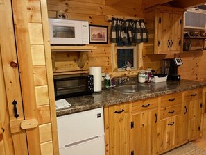 Fridge, microwave, coffee/tea maker, electric kettle