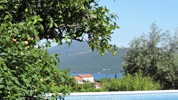 Zona junto a la piscina con sillones reclinables, vista despejada al mar y una montaña de fondo.