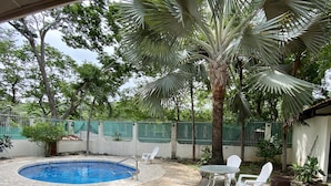 A backyard with a swimming pool, white chairs, and a palm tree. - Costa Rica Private Home with Swimming Pool . (Playa Hermosa)
