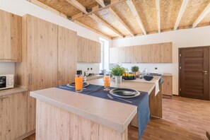 Full-sized fridge, microwave, oven, stovetop