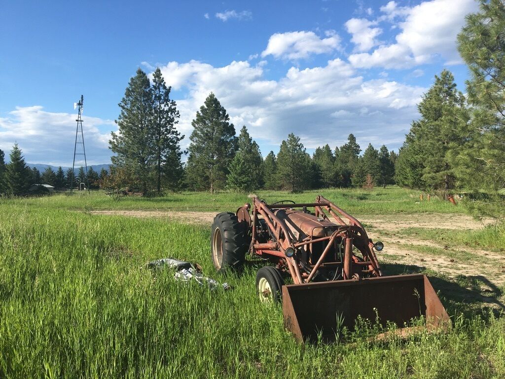 A field with a rusted agricultural implement, a clear sky, and a line of trees in the background.