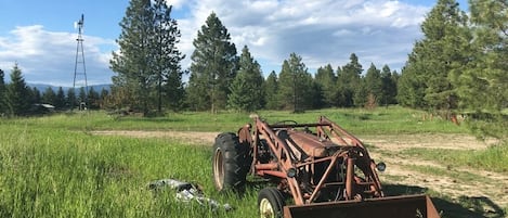 A field with a rusted agricultural implement, a clear sky, and a line of trees in the background.