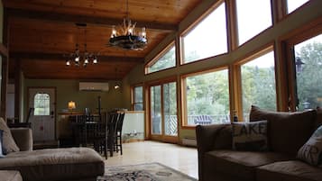 Télévision, cheminée, lecteur de DVD, livres