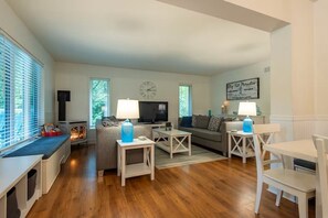 TV, fireplace, books