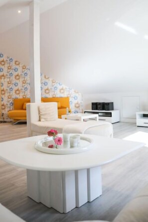 Téléviseur, lecteur de DVD, table de baby-foot, livres