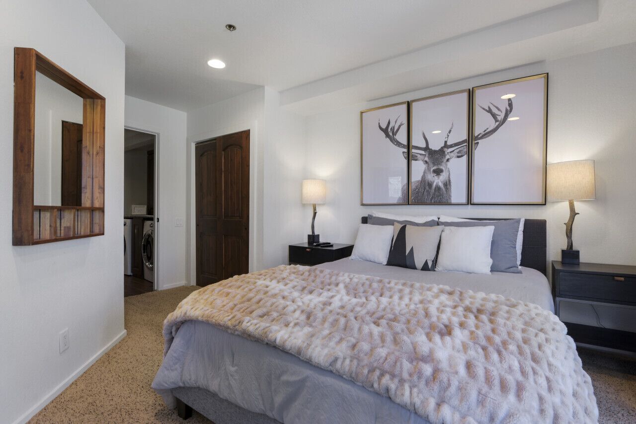 A bedroom with a large bed, a mirror, a framed deer artwork, and a nightstand with a lamp.