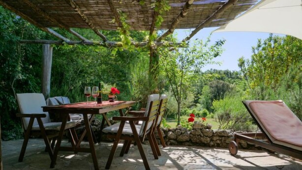 Une terrasse extérieure avec une table et des chaises en bois, un mur en pierre et une pergola.