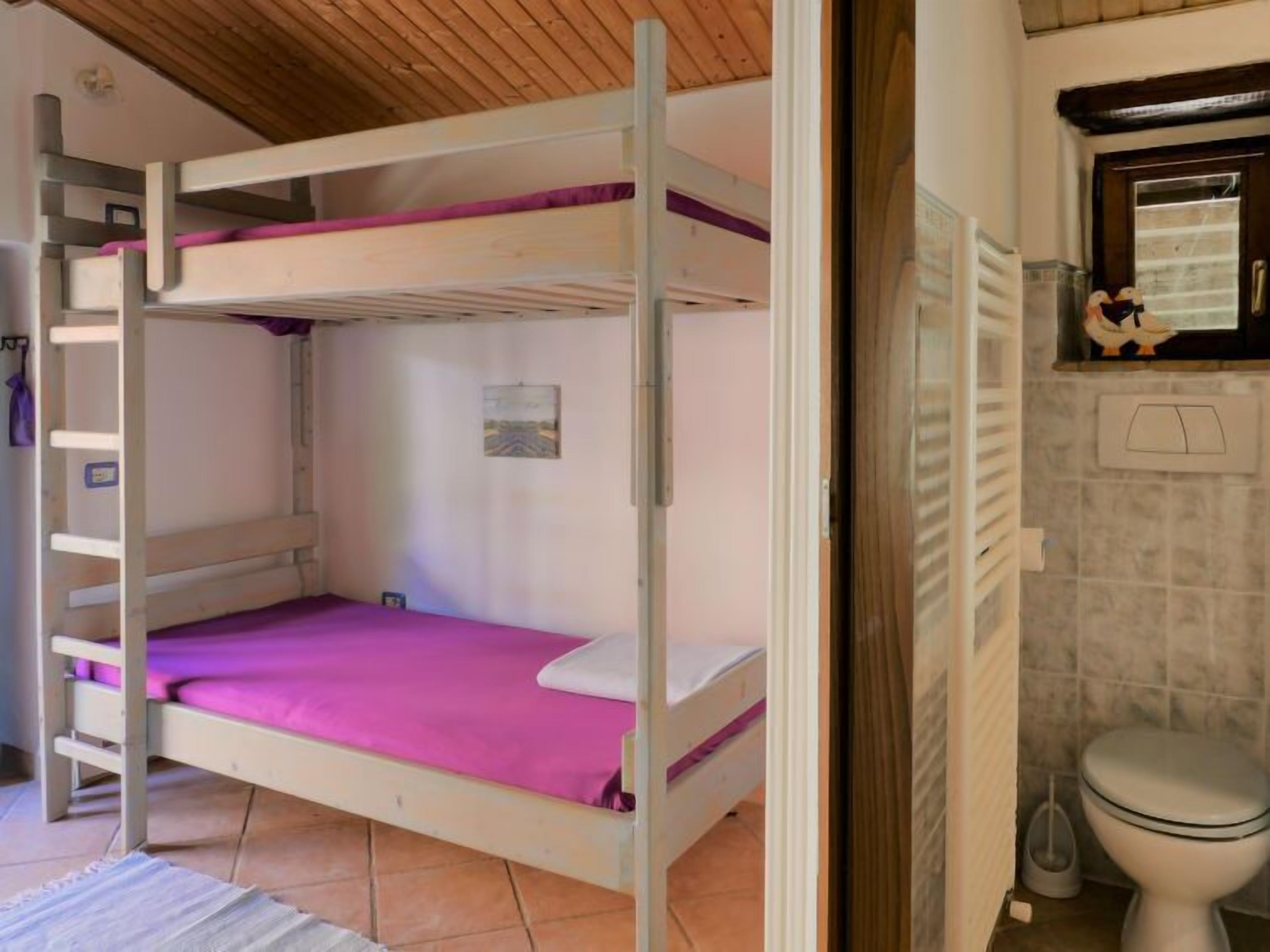 A bunk bed with a purple mattress, a wooden ladder, and a small shelf with a picture.