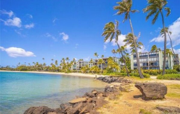 On the beach, sun loungers