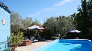 Un patio trasero con piscina, sillas de descanso y sombrillas.