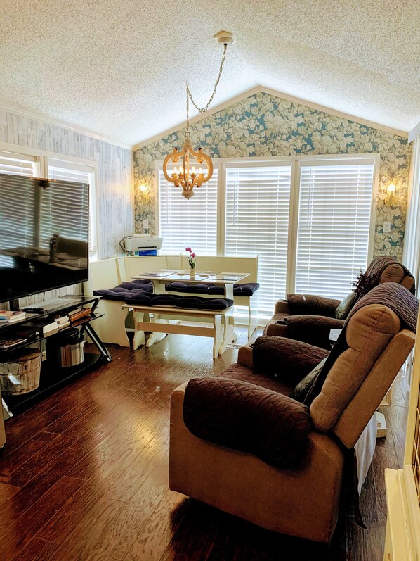 Smart TV, fireplace, DVD player, books