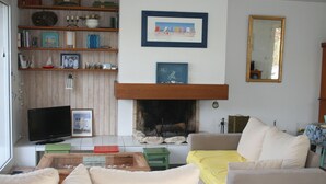 Een woonkamer met een open haard, een televisie en een boekenplank.