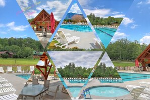 Ein Poolbereich mit Liegestühlen und einer Holzterrasse.