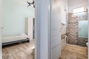 Shower, hair dryer, bidet, towels
