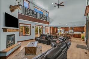 Smart TV, fireplace, video games, DVD player