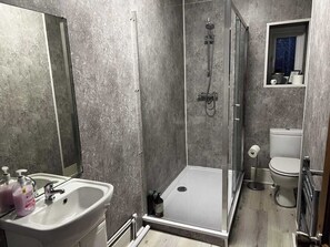Combined shower/tub, eco-friendly toiletries, hair dryer, towels