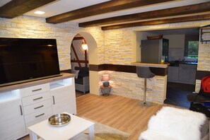 Televisión, chimenea, mesa de ping pong, libros