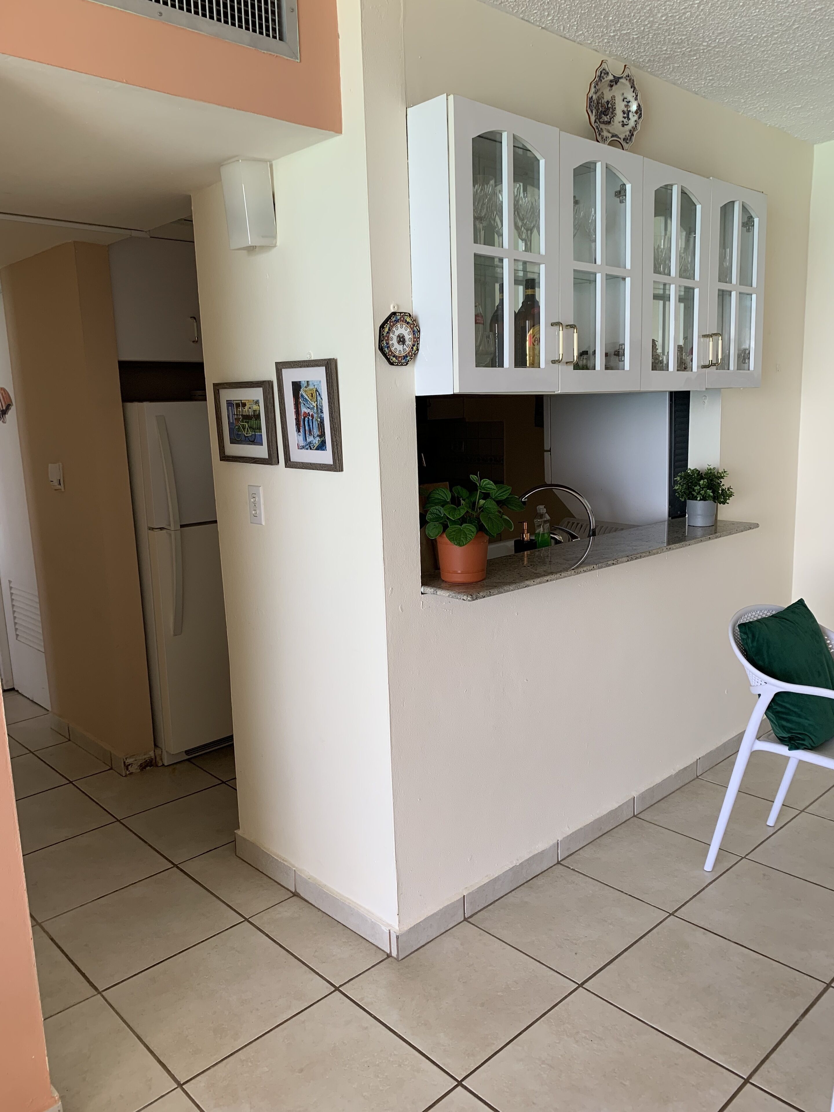 Una cocina con armarios blancos, un refrigerador, un lavamanos y una planta en maceta.