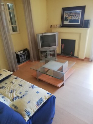 Televisión, reproductor de DVD, libros y estéreo 