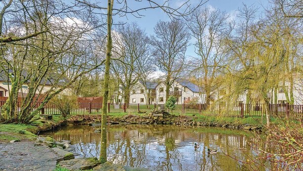 A pond with ducks, surrounded by trees and a fence, with residential buildings in the background. - Luxury apartment in Whitbarrow Holiday Village near Pooley Bridge & Ullswater (Penrith)