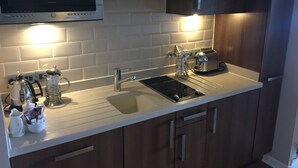 A modern kitchen with a built-in microwave, stainless steel appliances, a sink, and a toaster. - Luxury apartment in Whitbarrow Holiday Village near Pooley Bridge & Ullswater (Penrith)