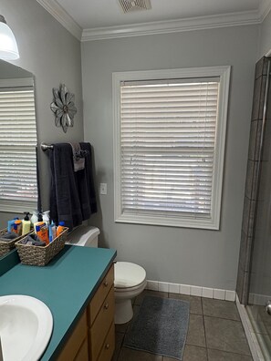 Combined shower/bathtub, hair dryer, towels, soap