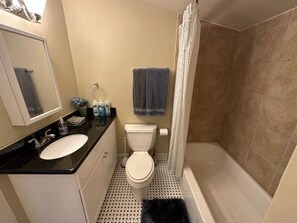 Hair dryer, towels, soap, shampoo
