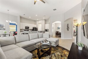 Smart TV, fireplace, video games, foosball