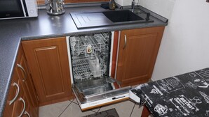 Eine kompakte Küche mit integriertem Geschirrspüler, Mikrowelle und Spüle.
