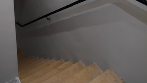 Eine Treppe mit schwarzer Handläufung und beigefarbenem Teppichbelag.