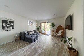 Smart TV, fireplace, foosball, computer monitors