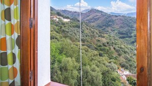 A view through a window with a wooden frame, revealing a hillside with scattered buildings and lush greenery. - 3 bedroom nice apartment in Genalguacil (Genalguacil)