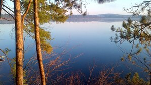 Ein ruhiger See, von Bäumen umgeben.