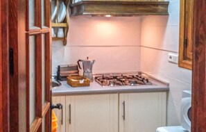 Fridge, microwave, stovetop, cookware/dishes/utensils