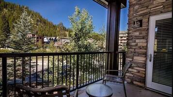 A balcony with a stone wall, a door with a window, and a view of houses and trees.