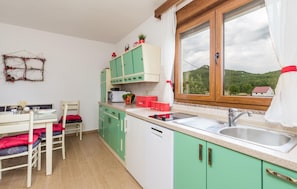 A kitchen with green cabinets, a white dishwasher, and a window with a view of greenery.