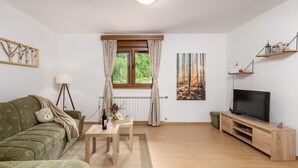 En stue med sofa, sofabord, fjernsyn, et vindue med gardiner, en radiator og et billede på væggen.