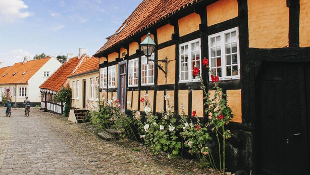 Eine Kopfsteinpflasterstraße gesäumt von traditionellen Fachwerkhäusern mit Schwarz- und Gelbfassaden, überragt von einem strahlend blauen Himmel.