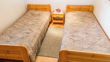 A small room with two wooden beds, a nightstand with a lamp, and a small rug.