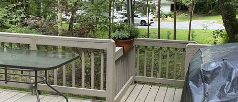 A wooden deck with a glass table and chairs, surrounded by trees and a white car in the background.