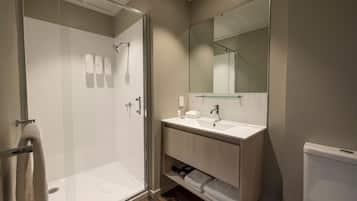 Une salle de bain moderne avec une douche à parois de verre, un lavabo blanc et un grand miroir.