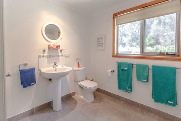 A bathroom with a sink, toilet, and mirror. There are towels hanging on the wall and a window with a view of trees. - A luxurious with incredible seaviews and beaches only minutes away (Flinders Island)