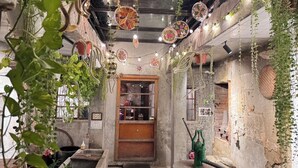 Un interior rústico con paredes de ladrillo visto, plantas colgantes e iluminacion con guirnaldas de luces.