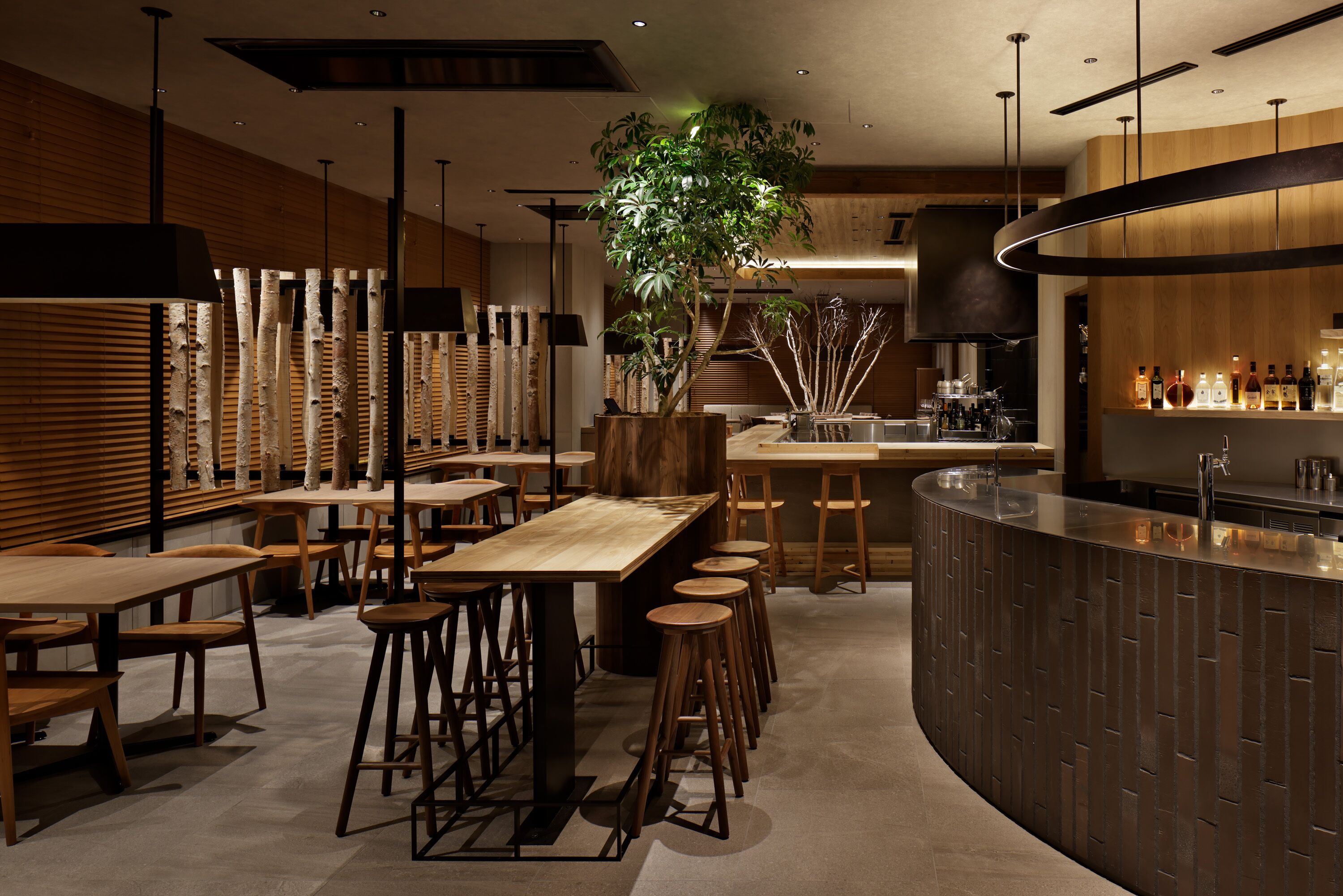 A modern restaurant with wooden furniture, a central bar area, and a large plant.