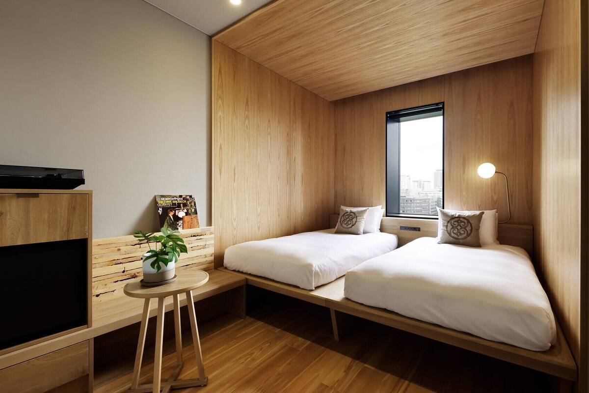 Habitación de hotel compacta con televisión, una mesita con una planta, dos camas, una ventana y una lámpara de noche.