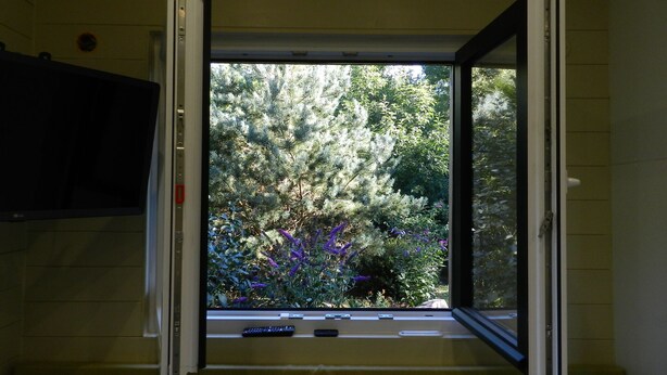 Une pièce avec une fenêtre ouverte, d’où l’on aperçoit un paysage luxuriant et un petit balcon où se trouvent un téléviseur et des télécommandes posés sur le rebord de la fenêtre.