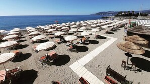 A beach with rows of sunbeds and umbrellas, a clear sky, and the ocean in the background.