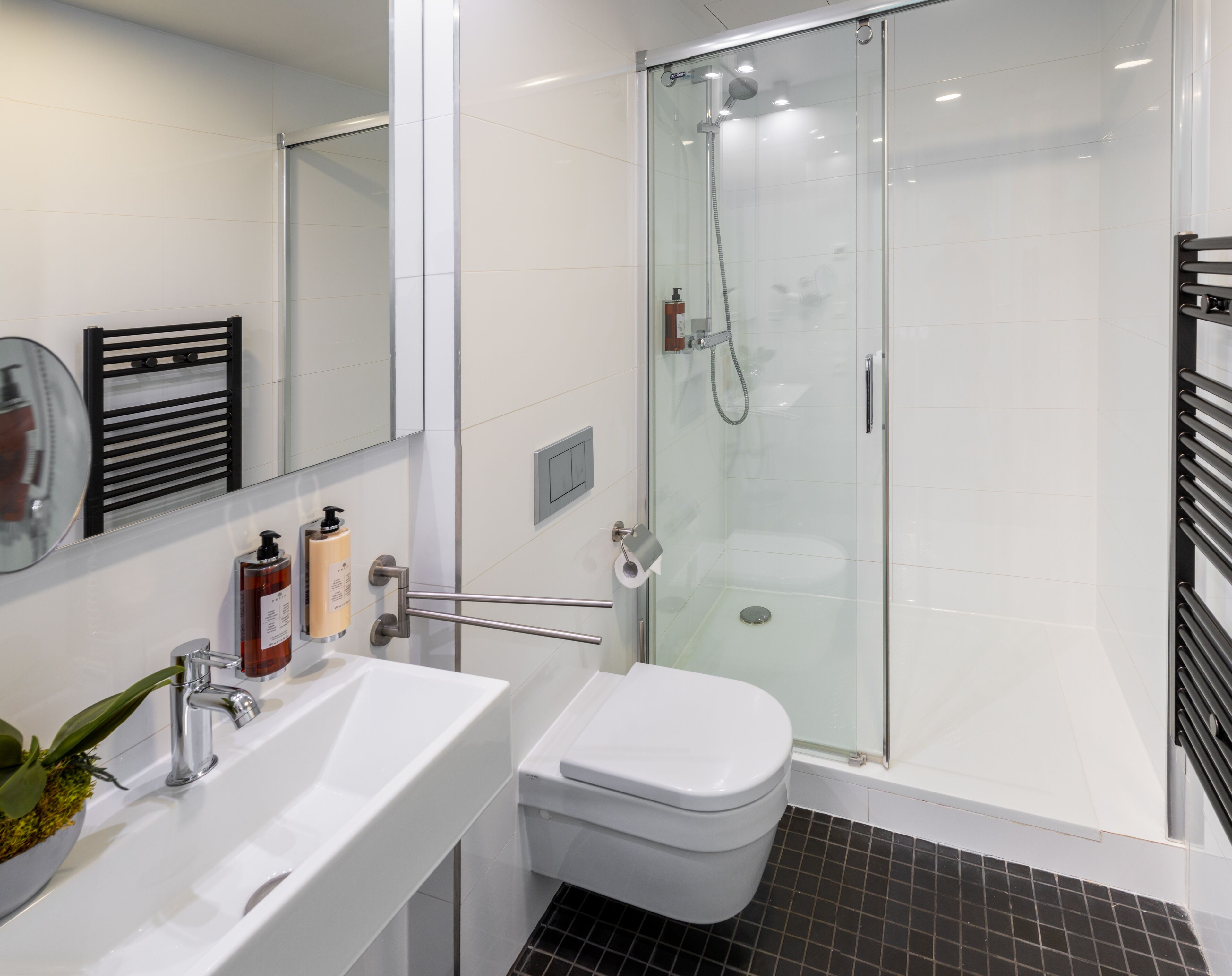 A modern bathroom with a glass-enclosed shower, a white sink, and a toilet.